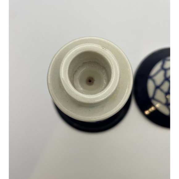 2 Vintage Pottery Candlestick Holders Geometric / Web Design Cobalt Blue & White - Picture 8 of 14
